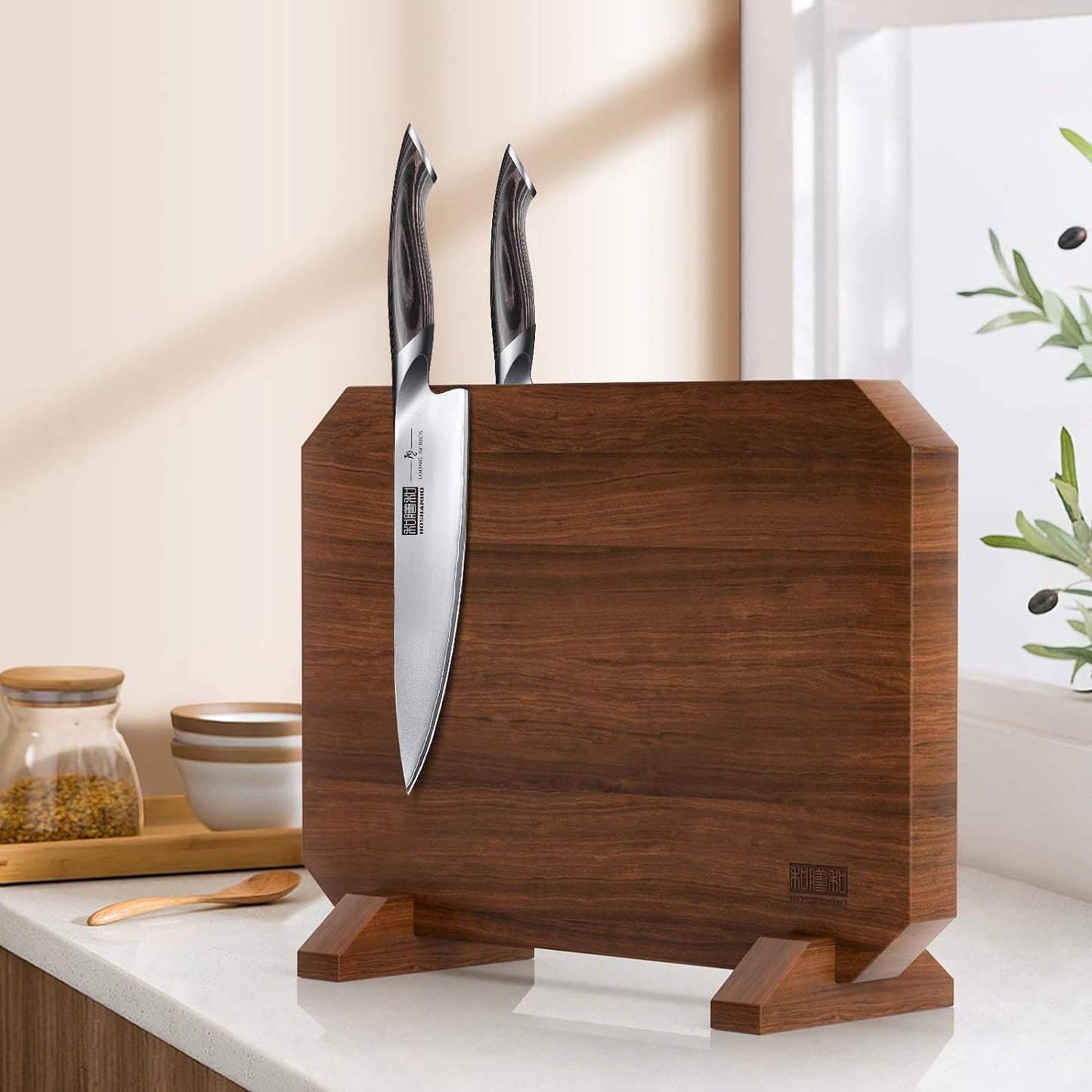 HOSHANHO Magnetic Knife Block 14 x 10 Inches, Double Sided Magnetic Knife Holder Rack for Kitchen Counter, Acacia Wood Magnetic Knife Storage Stand with Knife Sharpener