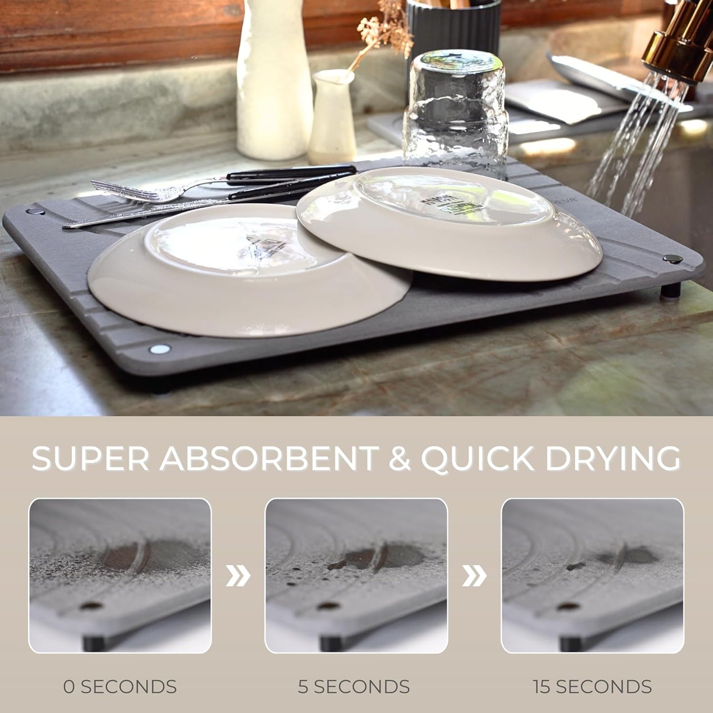 Natureva Home - Stone Dish Drying Mat | Super Absorbent, Quick Dry | Diatomite Mats for Kitchen Counter | Made of Natural Diatomaceous Earth | Absorbing Water Instantly | Design Tide | Colour Graphite