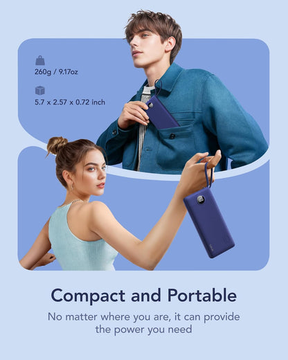 VRURC 10000mAh Power Bank Built-in Cables, Portable Charger with LED Display, Slim Intelligent Travel Battery Pack with Cords, 5 Output Dual Input Phone Charger for Cell Phone Smart Devcies-Blue