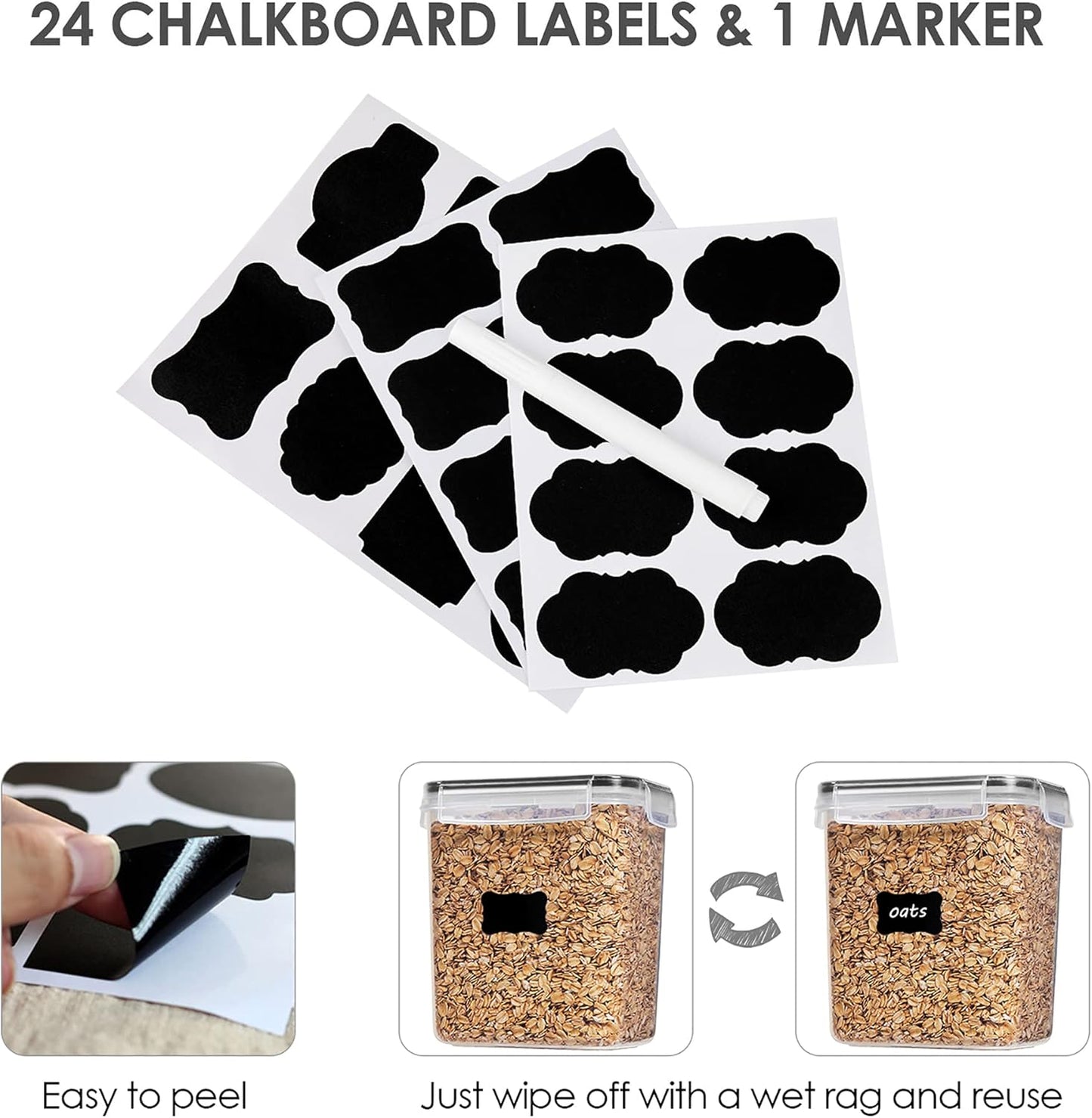 Vtopmart Extra Large Tall Airtight Food Storage Containers, 4 Pieces 6.5L Plastic Kitchen Pantry Storage Containers for Spaghetti, Flour and Baking Supplies - Include 24 Labels, Black