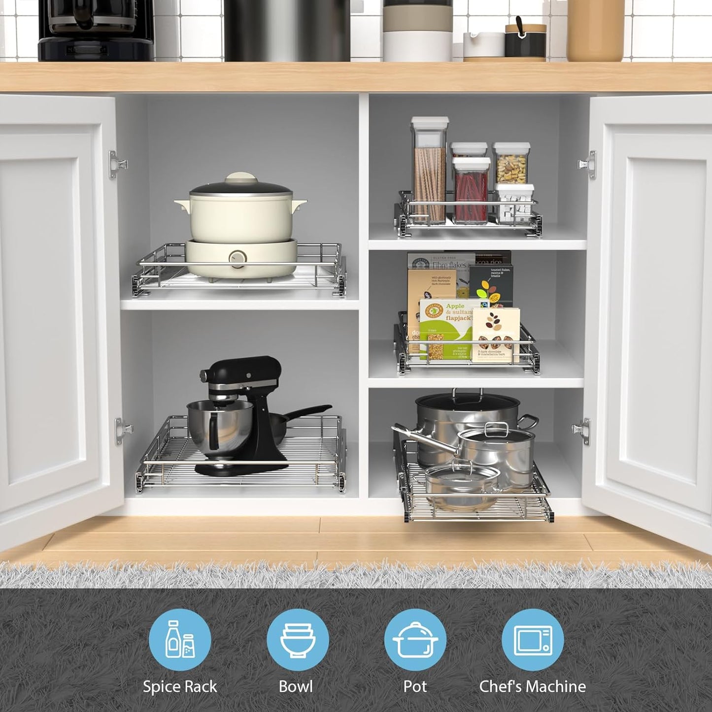 Pull Out Cabinet Organizer, Versatile Slide Out Kitchen Organizers and Storage, Heavy Duty Drawer Cupboard Storage Basket, Smooth Sliding, Chrome Finish (Outside Dimensions: 22.8”W x 21”D)