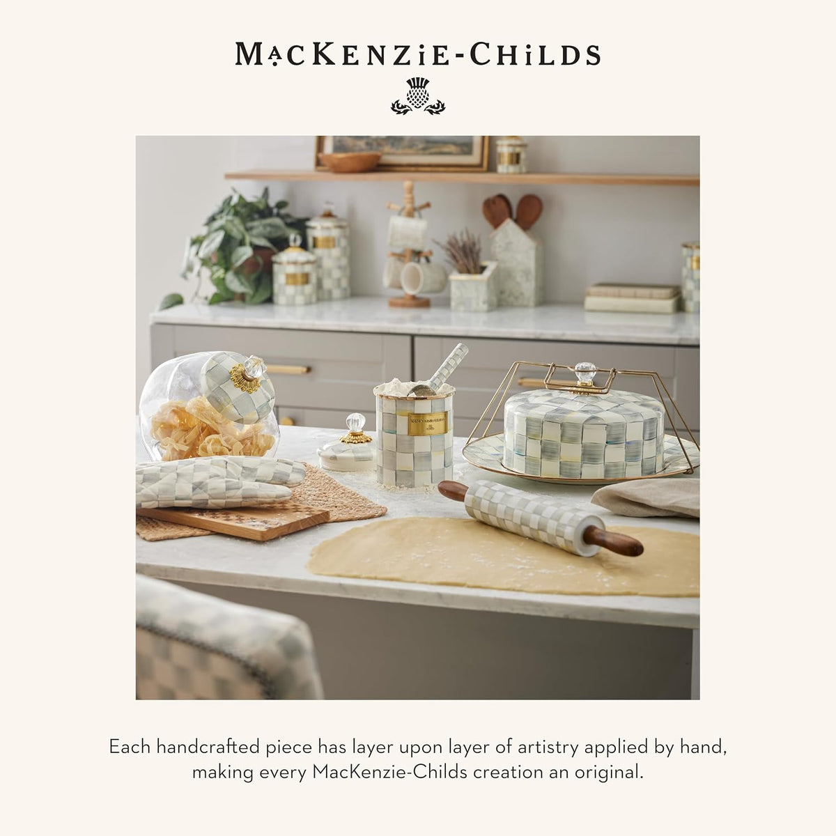 MACKENZIE-CHILDS Enamel Salt and Pepper Shakers, Farmhouse Kitchen Decor and Accessories, Small, Grey-and-White Sterling Check