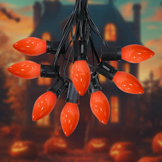 SOTOPOO C7 LED Orange Halloween Lights, 25FT Ceramic Orange Halloween Lights Outdoor Indoor with 25 LED C7 Bulbs, Great as Halloween Home Yard Door Tree Party Decorations Lights (2 LED Spare Bulbs)