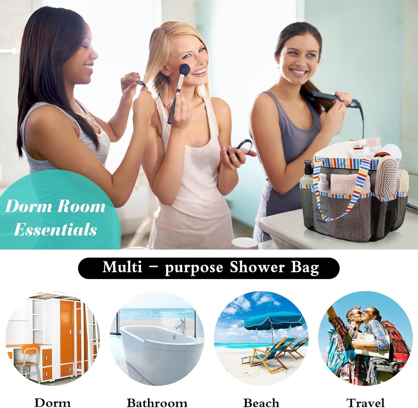 Attmu Mesh Shower Caddy Portable for College Dorm Room Essentials with 8 Pockets, Hanging Shower Caddy Basket Tote Bag Toiletry Accessories for Bathroom