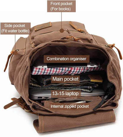 AUGUR Canvas Backpack,17 inch Laptop Backpack Vintage Canvas Leather Backpacks Casual School College Bag Pack Bookbag Hiking Travel Rucksack Daypack (L-Coffee)