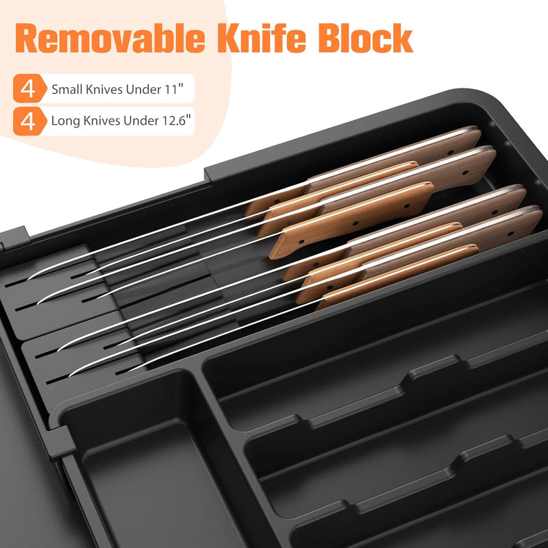 Ceecysaa Cutlery Tray Drawer Organizer with Removable knife blocks, Expandable Utensil Tray for Kitchen,Adjustable Plastic Storage and Storage Drawer Divider for Spoons Forks Knives,Large, Black