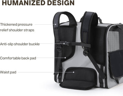 Pecute Cat Backpack, Dog Backpack Carrier with Widened Interior Space,Stable and Secure Pet Car Seat for Sitting and Lying, Breathable Pet Transport Bag Suitable for Hiking, Trekking, Car TravelGray