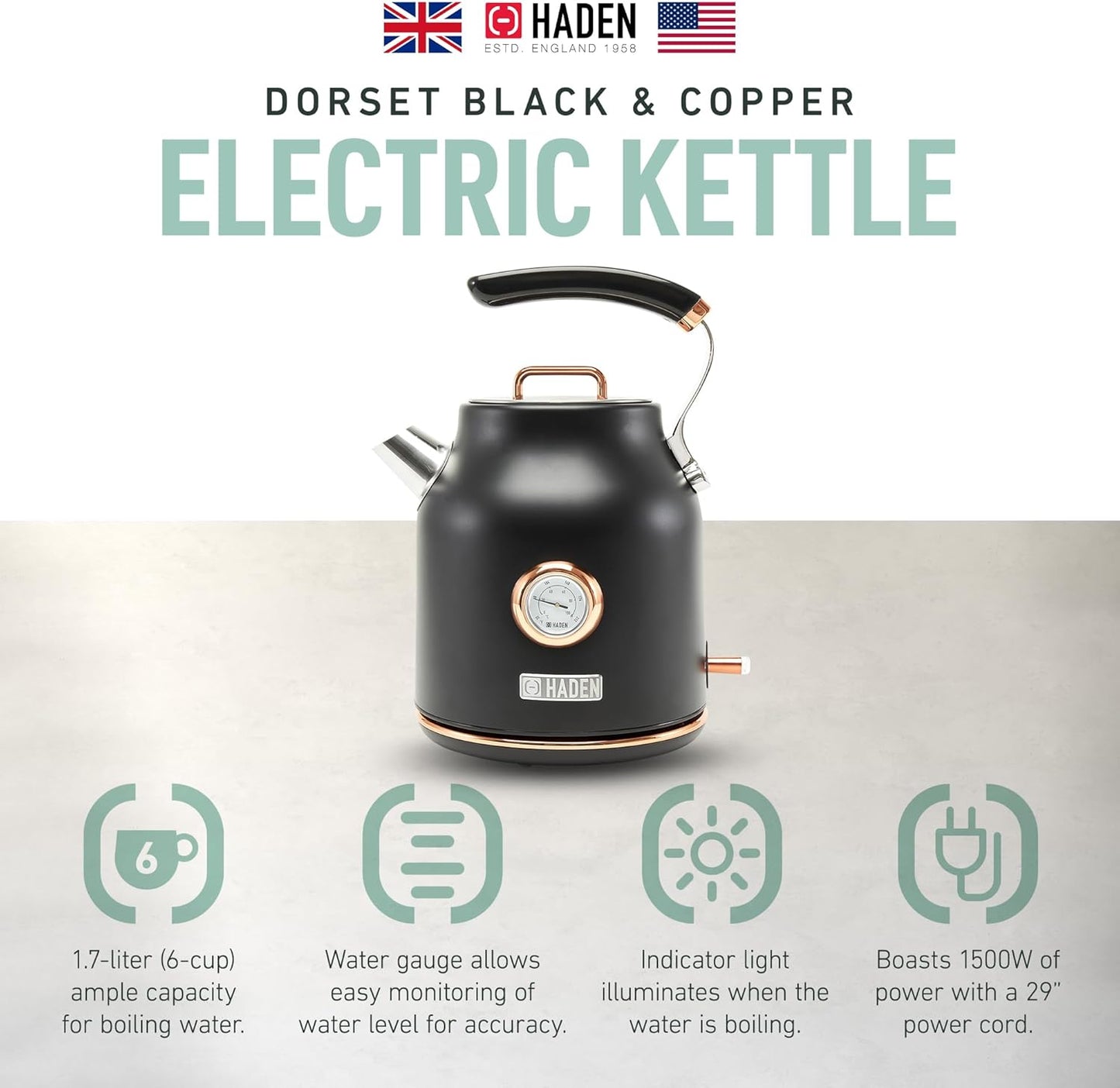 Haden Dorset 75070 Retro Stainless Steel Tea Kettle, 1500W Hot Water Kettle Electric Kettles for Boiling Water, 1.7L Black/Copper Electric Tea Kettles Automatic Shut Off, Boil-Dry Protection Tea Pots