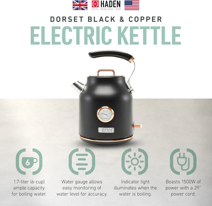 Haden Dorset 75070 Retro Stainless Steel Tea Kettle, 1500W Hot Water Kettle Electric Kettles for Boiling Water, 1.7L Black/Copper Electric Tea Kettles Automatic Shut Off, Boil-Dry Protection Tea Pots