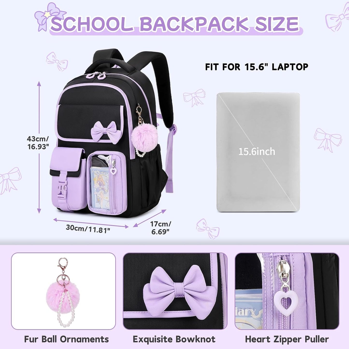 Girls Backpack, School Backpack for Girls, Cute Bow Kids Bookbag for Grils Children Teens for Elementary
