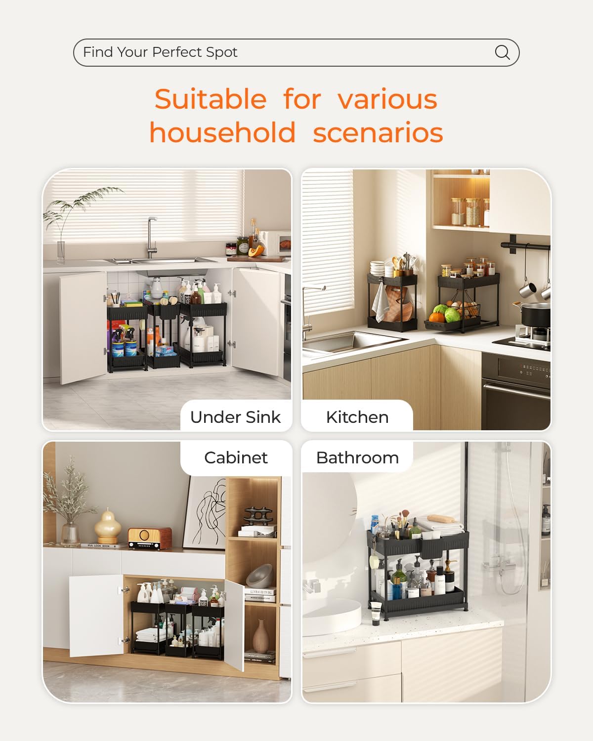 Sevenblue Under Sink Organizer 3 Pack, Bathroom Organizers, 2 Tier Multi-Use kitchen Organizers and Storage with Sliding Drawer, Hang Hooks and Cups, (Black)