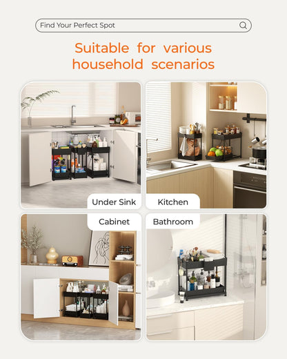 Sevenblue Under Sink Organizer 3 Pack, Bathroom Organizers, 2 Tier Multi-Use kitchen Organizers and Storage with Sliding Drawer, Hang Hooks and Cups, (Black)