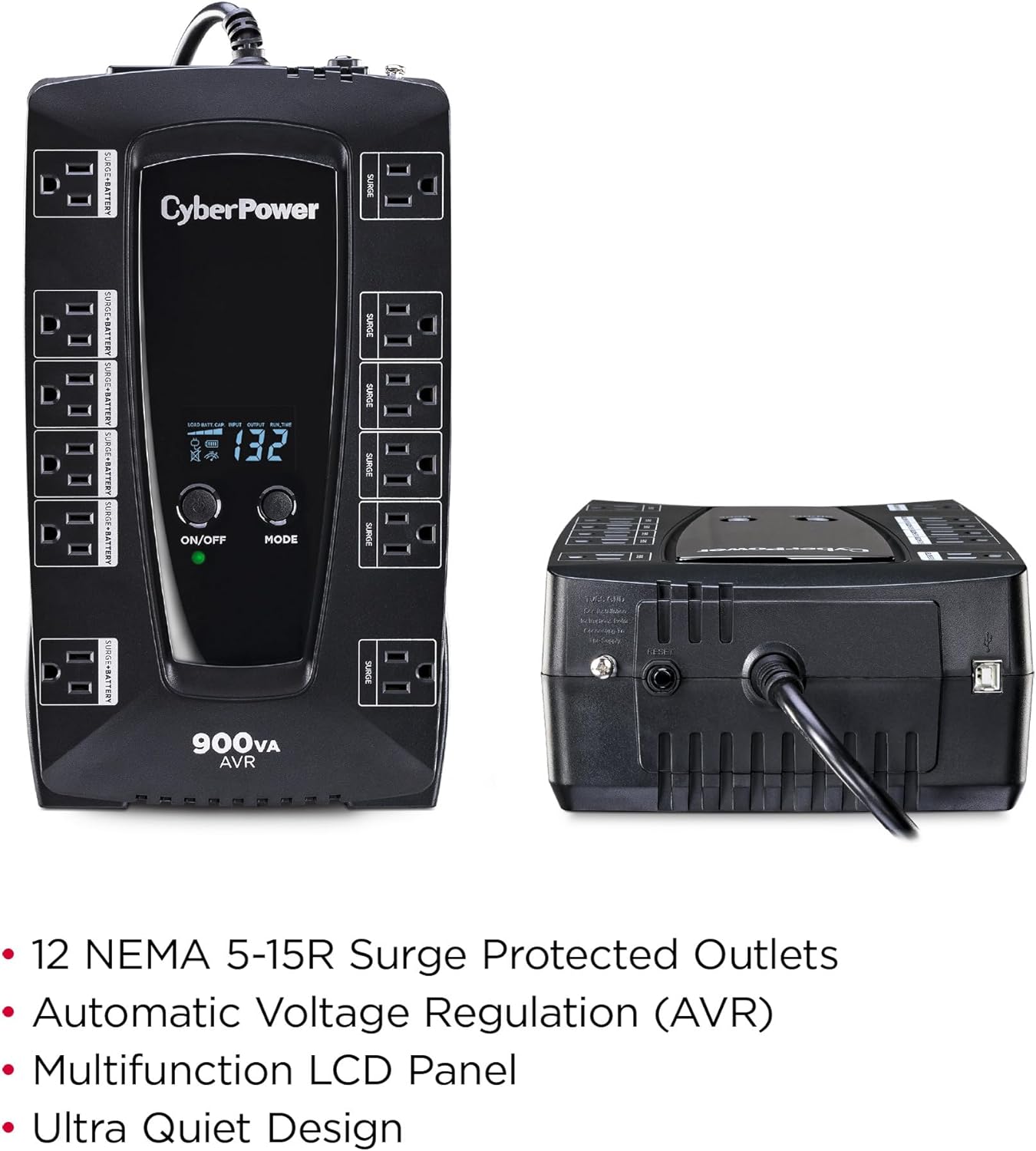 CyberPower AVRG900LCD Intelligent LCD UPS System, 900VA/480W, 12 Outlets, AVR, Compact