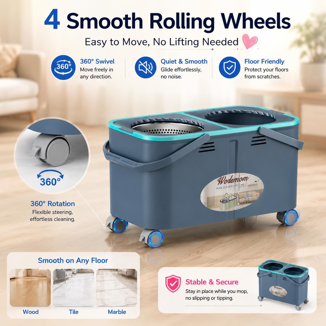 Mop and Bucket with Wringer Set, Clean & Dirty Water System, Floor Mop with 360° Swivel Wheels, 61" Handle, 6 Reusable Mop Heads for for Wood, Tile, Vinyl, Baseboards - Grey/Blue