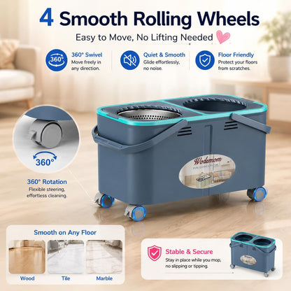 Mop and Bucket with Wringer Set, Clean & Dirty Water System, Floor Mop with 360° Swivel Wheels, 61" Handle, 6 Reusable Mop Heads for for Wood, Tile, Vinyl, Baseboards - Grey/Blue