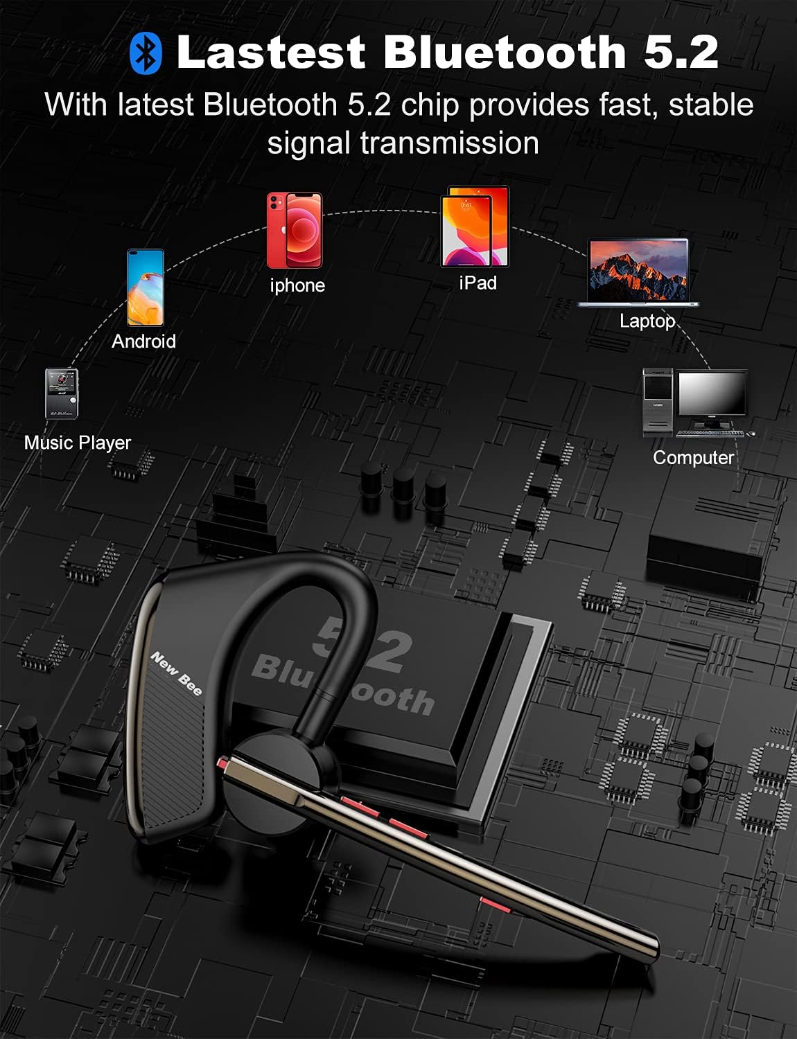 Bluetooth Headset V5.2 New Bee Bluetooth Earpiece CVC8.0 Dual Mic Noise Cancelling Wireless Handsfree 24Hrs Talktime Driving Headset with Mic Mute for iPhone Android Smartphone Business Office
