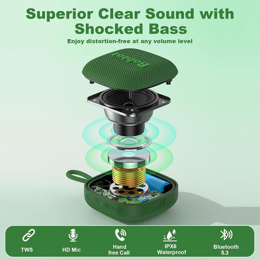 Bobtot Portable Bluetooth Speakers Wireless - IPX7 Waterproof Mini Shower Speaker with 16 Hours Playtime, Loud Stereo Sound, Rich Bass, TWS, Built-in Mic, Small Size for Travel Sport, Green - PuriLite