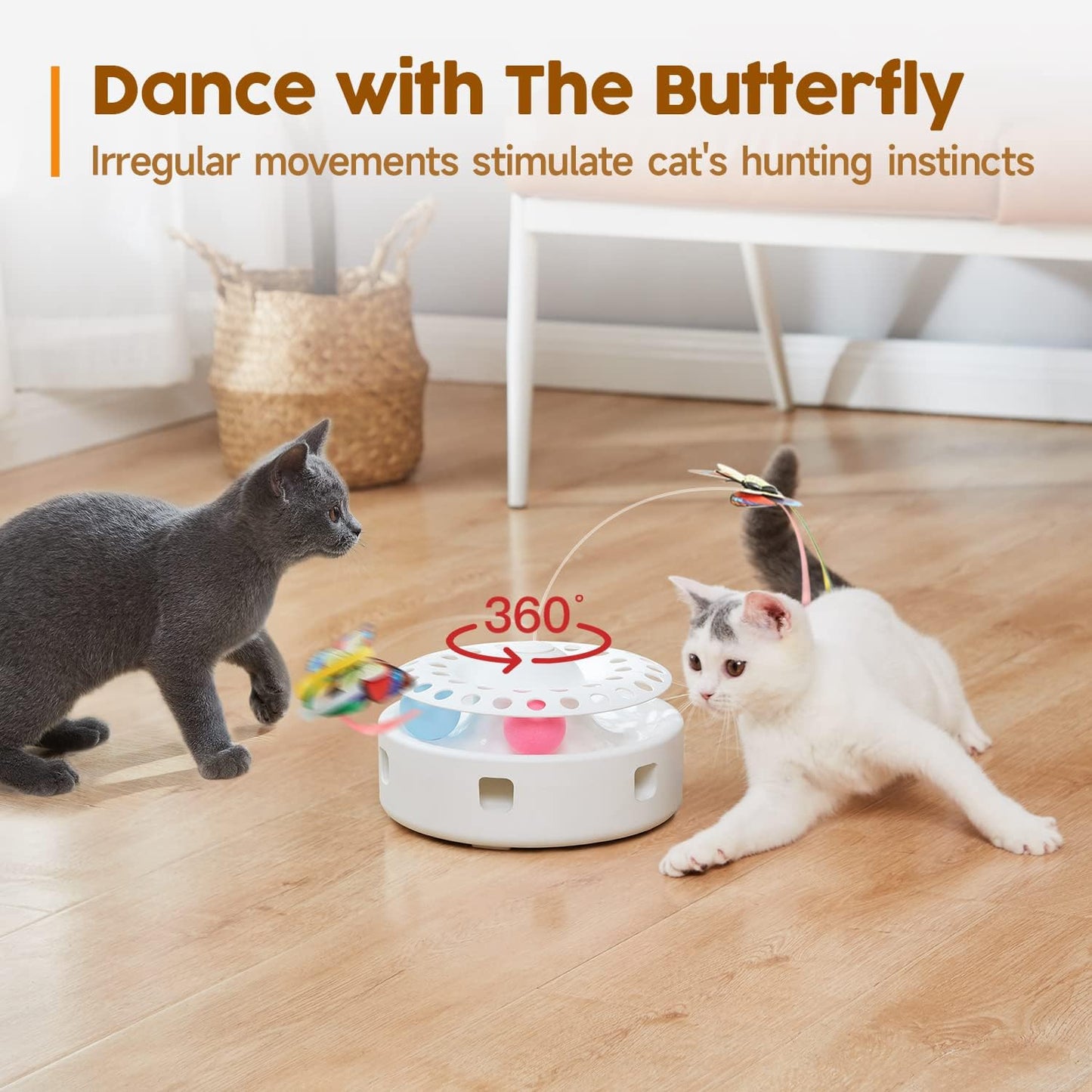 Potaroma Cat Toys 3-in-1 Smart Interactive Electronic Kitten Toy, Random Moving Ambush Feather, Fluttering Butterfly, Catnip Bell Balls, Dual Power Supplies, Indoor Exercise Cat Kicker (Light Pink)