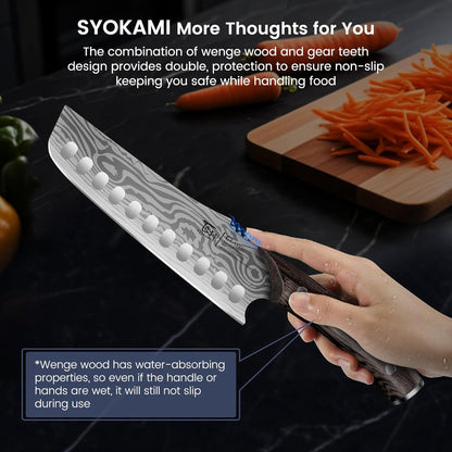 SYOKAMI Meat Cleaver Chef Knife, 7.7 Inch Multifunction Butcher Knife with Herb Stripper and Sheath, Chinese Cleaver Heavy Duty Bone Chopper, Meat Cutting, Damascus Pattern Full Tang Wood Handle