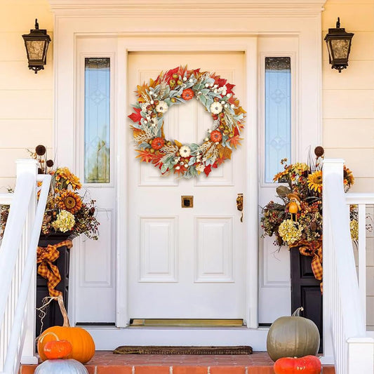 Weldomcor Fall Wreaths for Front Door, 20 Inch Autumn Wreath with Pumpkins Maple Berries, Fall Decor for Thanksgiving Halloween Harvest Home Porch Window Wall Farmhouse, Fall Wreath for Indoor Outdoor