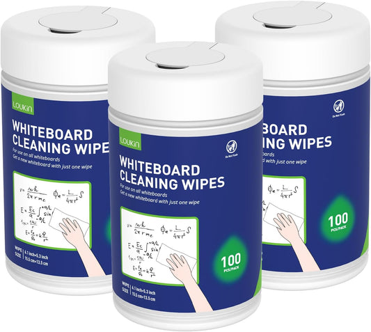 Loukin Whiteboard Cleaning Wipes, Dry Erase Board Cleaning Wipes, Non-Toxic Whiteboard Wipes, 100 Wipes per Canister, 3 Packs - PuriLite
