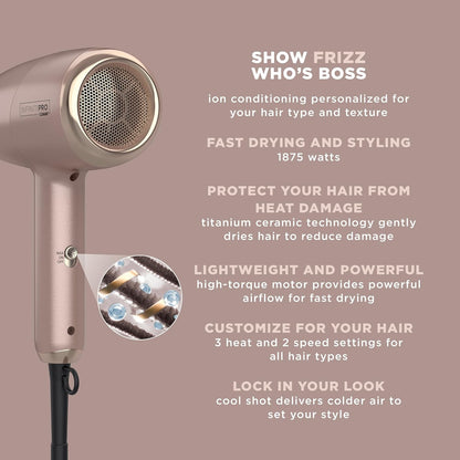 InfinitiPRO by Conair 750C Frizz Free Pro Dryer, 3 Heat/2 Speed Settings, Includes Diffuser and 2 Contentrators, Rose Gold, Hair Dryer