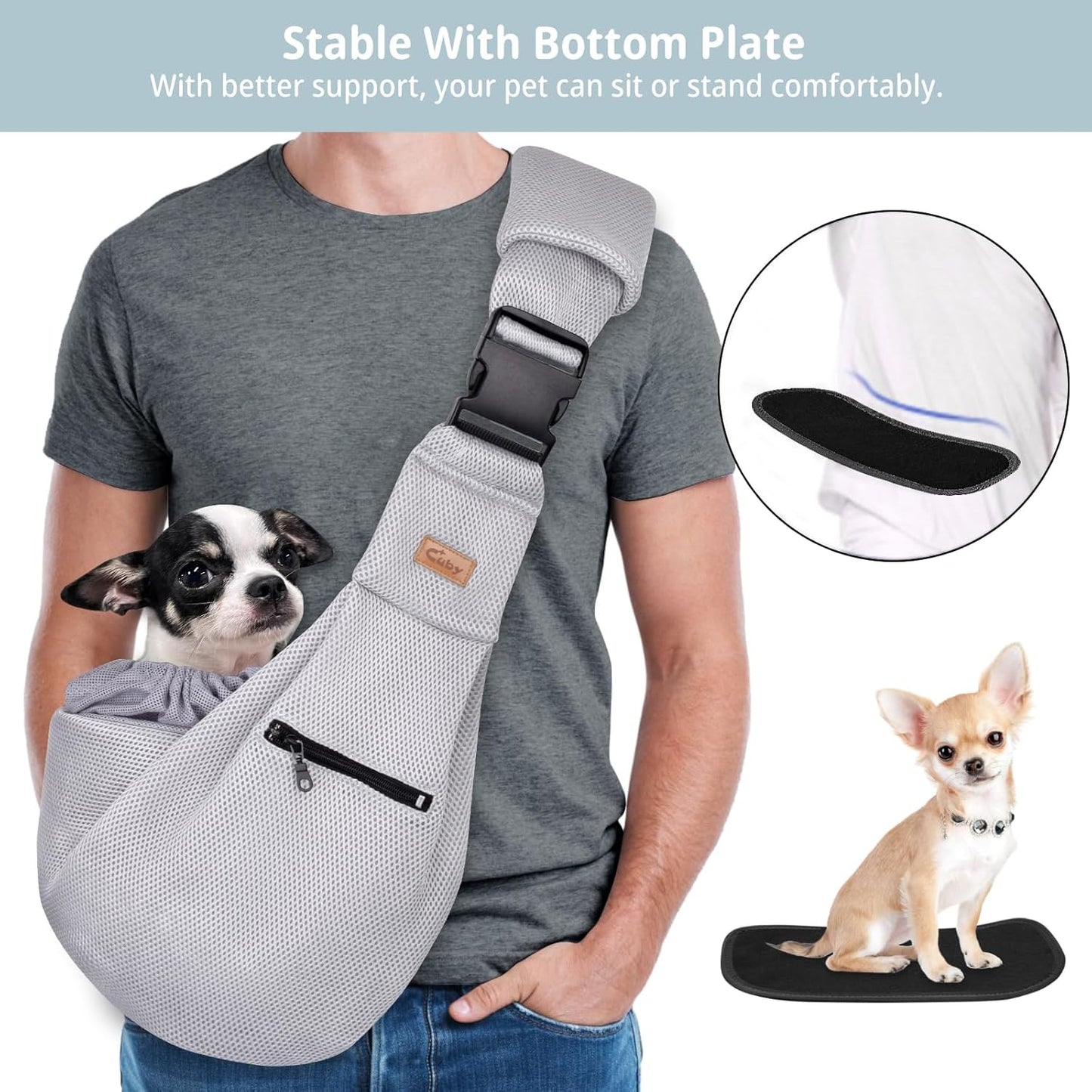 Cuby Adjustable Dog Cat Sling Padded Hard Bottom Pet Carrier Sling Soft Carrying Puppy Bag for Small Dogs Cats Outdoor Travel (Grayish-White)