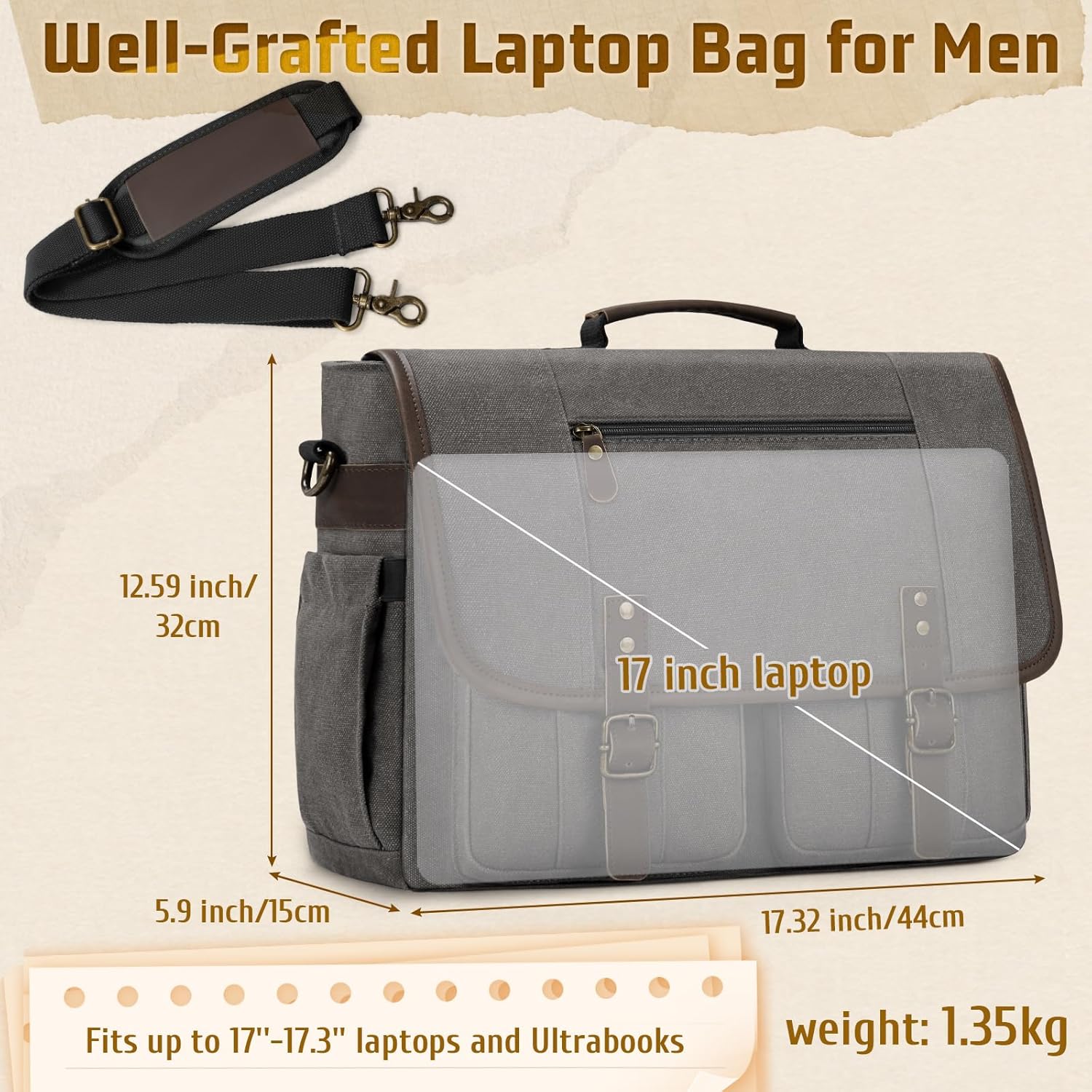 RAINSMORE Canvas Messenger Bag Men 17-17.3 Inch Laptop Bag Computer Briefcase Water Resistant Satchel Bag for Men Work Office - PuriLite