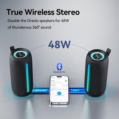 Oraolo Portable Bluetooth Speaker, Wireless Speaker with 24W Loud Stereo Sound, RGB Lights, TWS Pairing, Bluetooth 5.4, Support AUX/TF Card, IPX6 Waterproof Outdoor Speaker for Party Camping Home