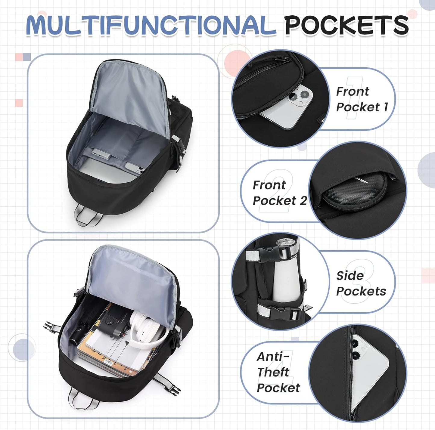 School Backpack for Women Men College High School Bags for Boys Girls Casual Daypack Laptop Backpack Waterproof Black Bookbag Travel Rucksack