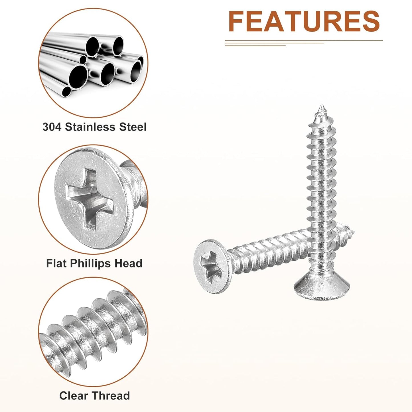DTGN 100Pcs #6x1/2 Flat Head Wood Screws, 304 Stainless Steel Phillips Self Tapping Screws - Good for Woodworking, Furniture - Silver