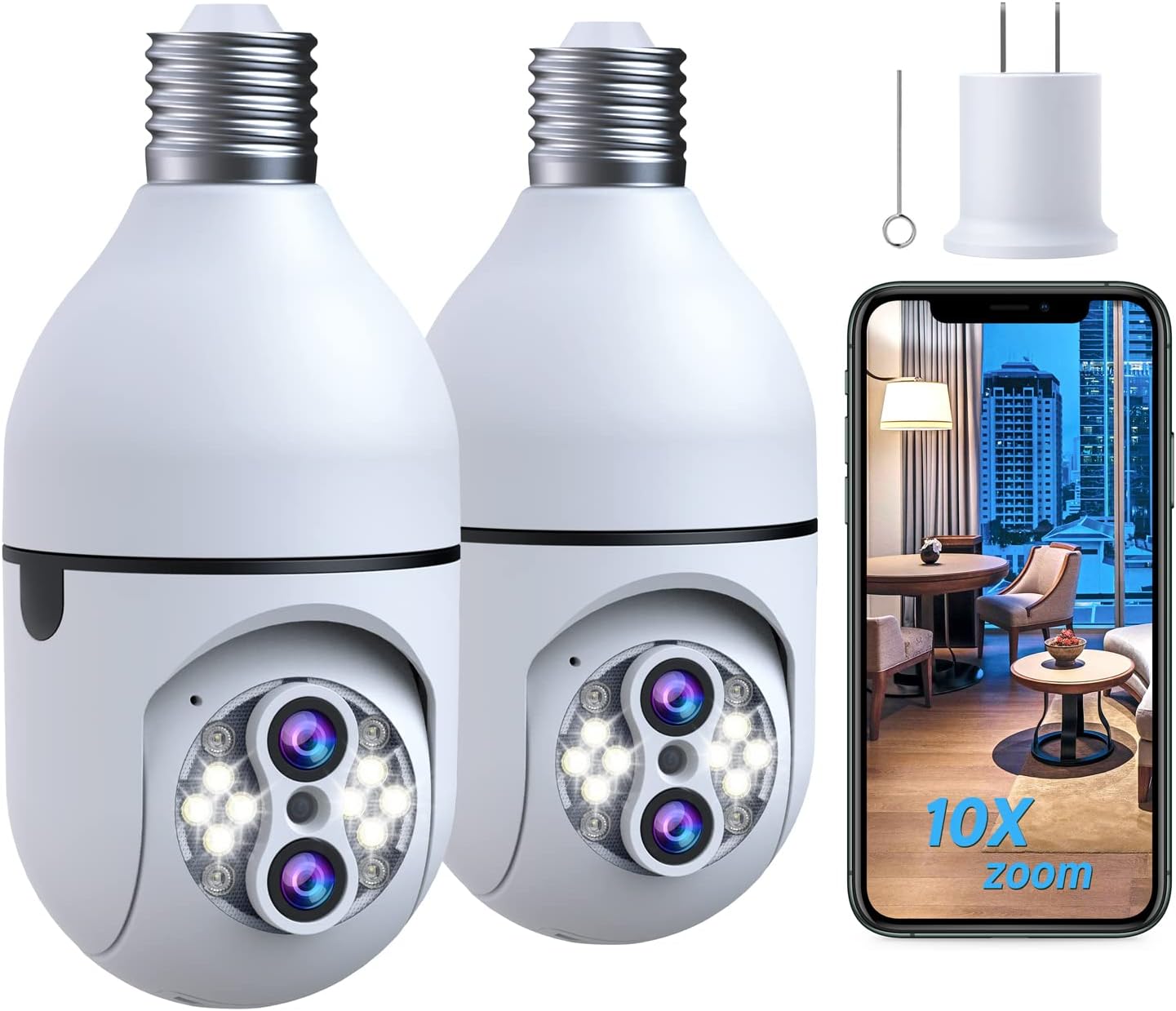 2Pack Light Bulb Security Camera, Dual Lens 10X Zoom 360° PTZ Outdoor Camera 2.4G Wi-Fi Color Night Vision Surveillance Camera with Two-Way Talk, Motion Tracking, Cloud Storage for Home Security
