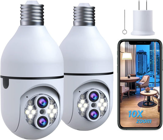 2Pack Light Bulb Security Camera, Dual Lens 10X Zoom 360° PTZ Outdoor Camera 2.4G Wi-Fi Color Night Vision Surveillance Camera with Two-Way Talk, Motion Tracking, Cloud Storage for Home Security
