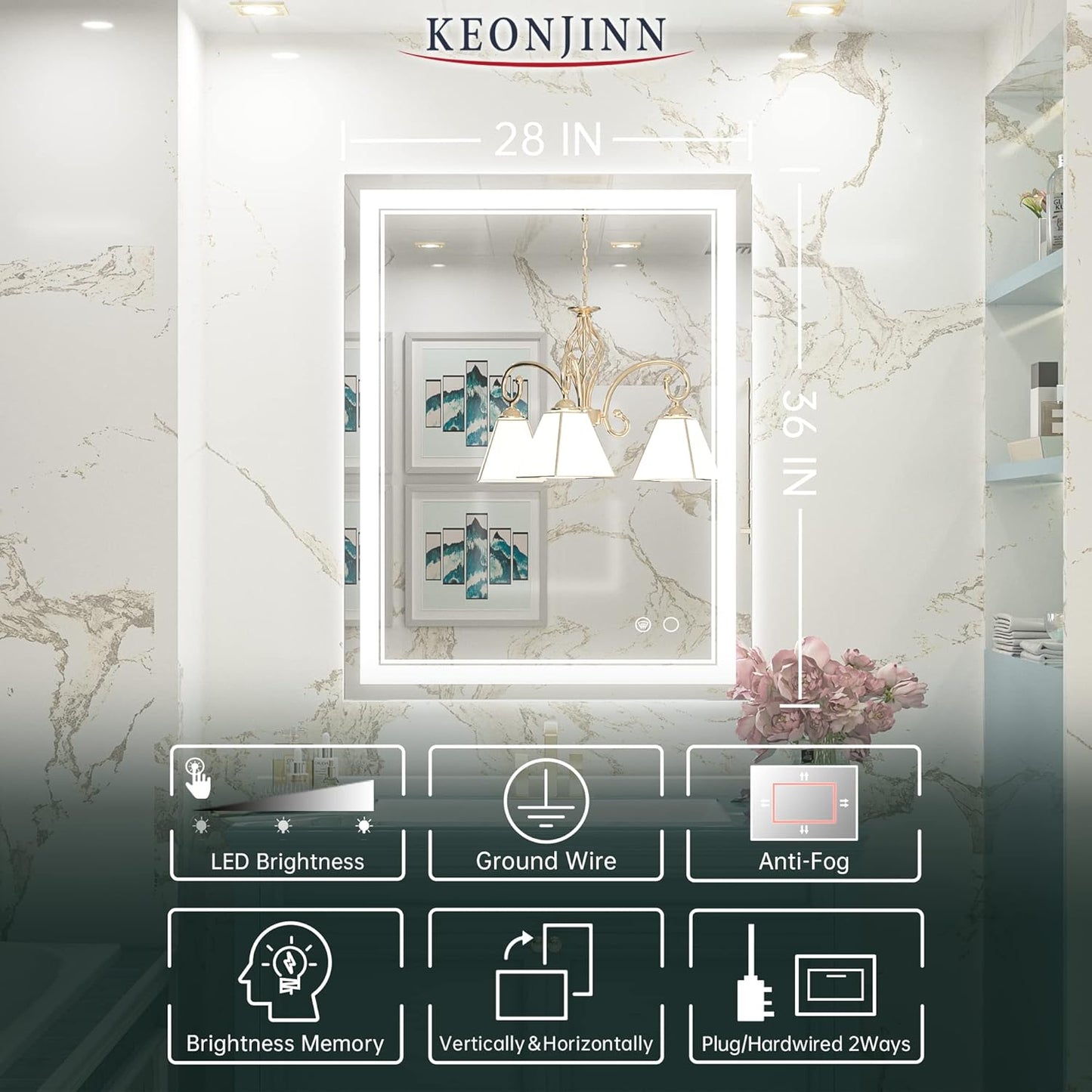 Keonjinn 40 x 24 Inch LED Mirror, Bathroom Mirror with Lights, LED Vanity Mirror, Wall Mounted Anti-Fog Dimmable Lighted Makeup Mirror for Bedroom, IP54 Waterproof (Horizontal/Vertical)