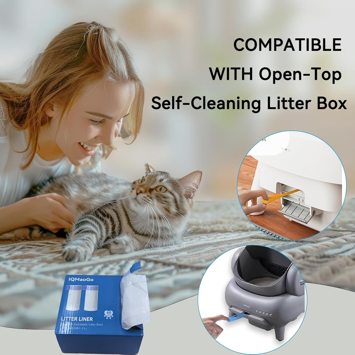 60 Count Heavy Duty Cat Litter Box Bags - Compatible with Neakasa M1 and PetPivot AutoScooper 11 Open-Top Self-Cleaning Litter Box,3 Mil Thickness,Leak-Proof Drawstring Trash Bags,27" x 13"