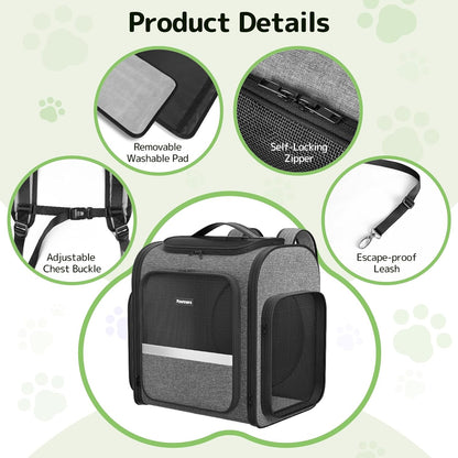 Cat Carrier Backpacks Pawtners Expandable Cat Backpack with Breathable Mesh, Pet Carrier Backpack for Cats Small Dogs Puppies Up to 25 LBS, Dog Carrier Backpack for Travel Hiking Camping Outdoor