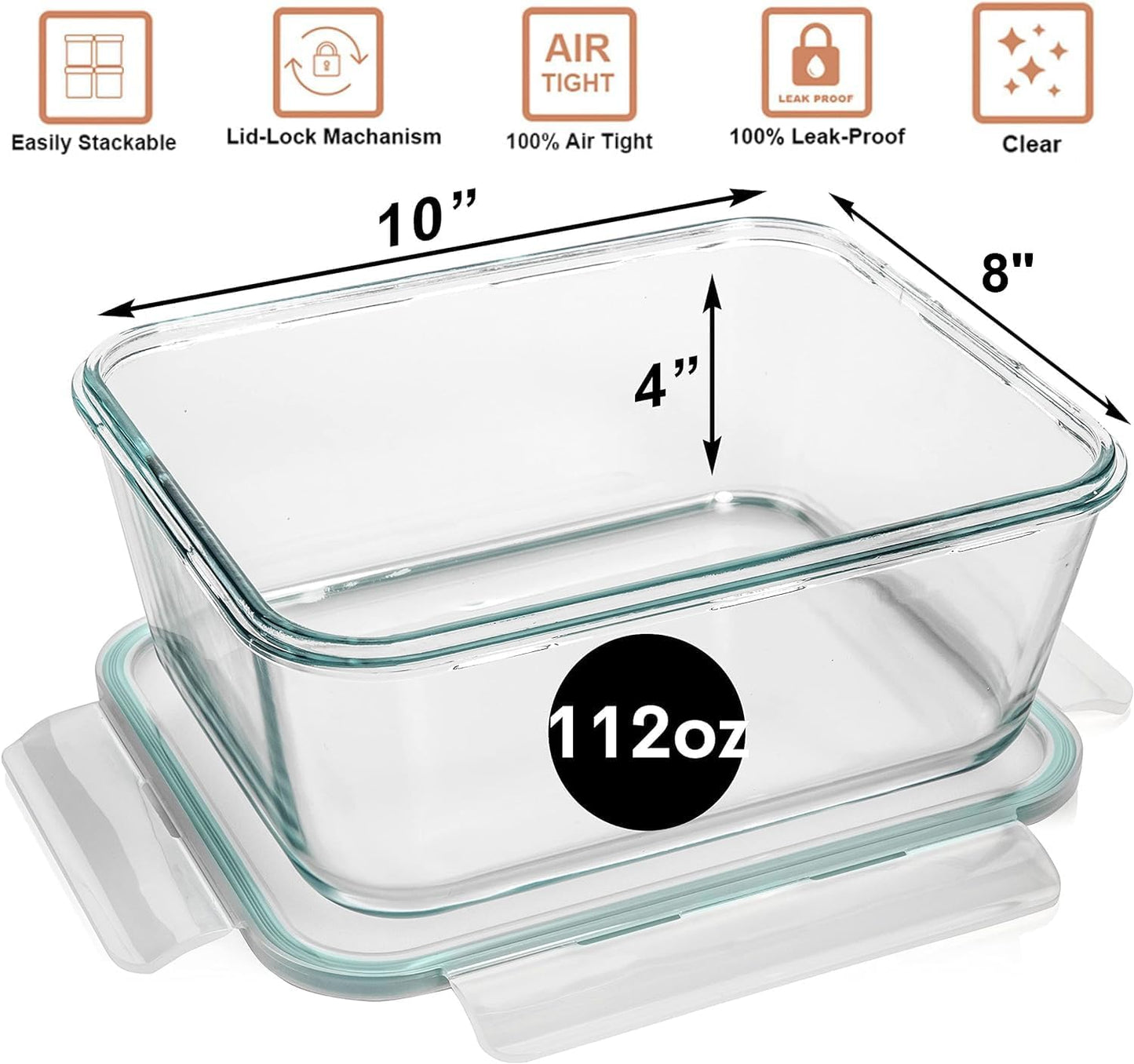 Razab 3300 Ml / 112 Oz Large Glass Container Food Storage with Lids - Leakproof, BPA-Free Large Meal Prep Container Ideal for Roasting Turkey, Store Leftover - Microwave & Oven Safe