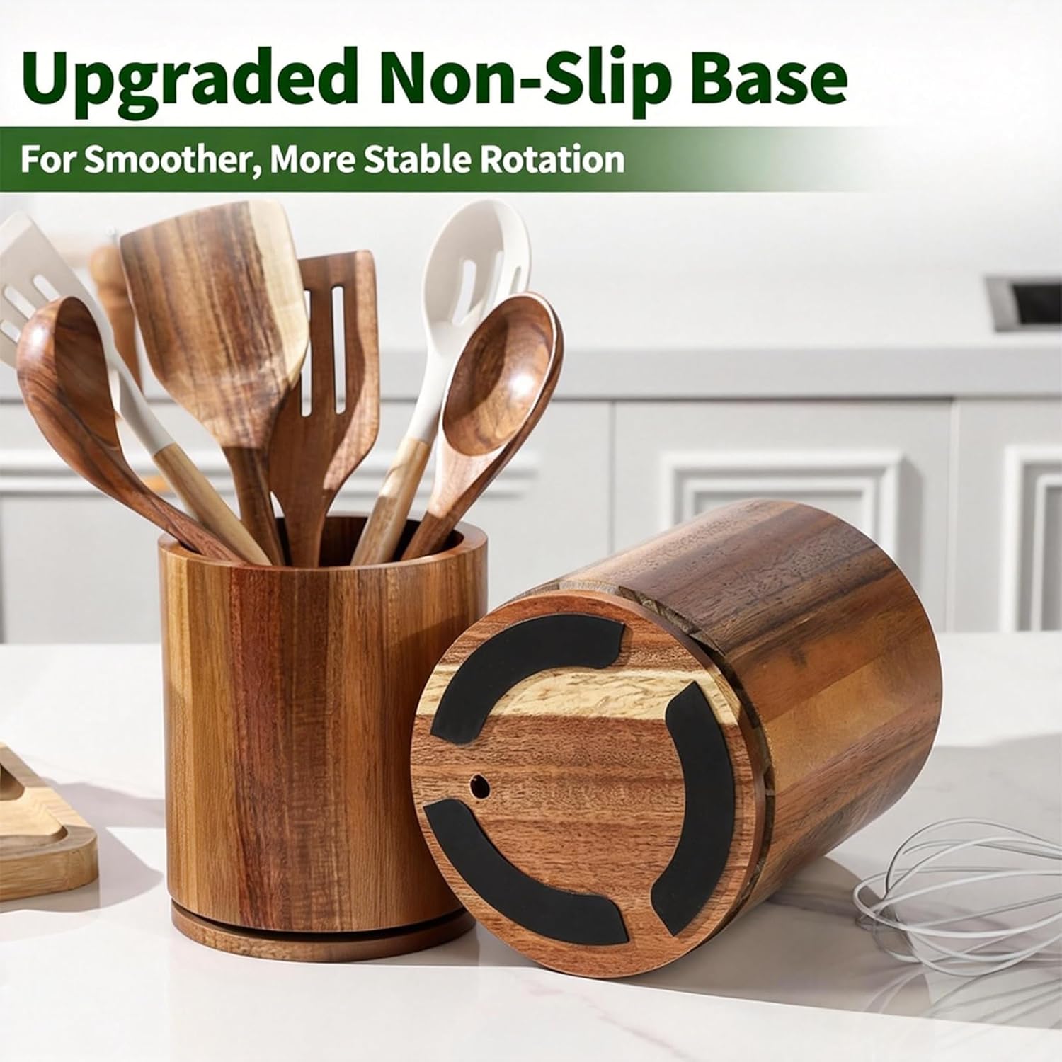 Wooden Utensil Holder | Rotating Utensil Organizer | Kitchen Counter Storage Crock | Farmhouse Countertop Decor | Cooking Utensil Stand - PuriLite
