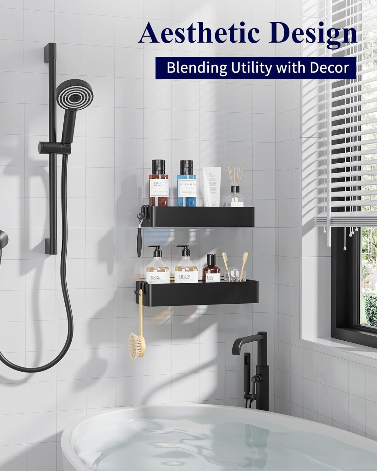 Kitsure Large Shower Caddy - 2 Pack Adhesive Shower Organizer, Drill-Free Shower Shelves for Inside Shower, Rustproof Bathroom Shelf Shower Shelf for Bathroom, Black