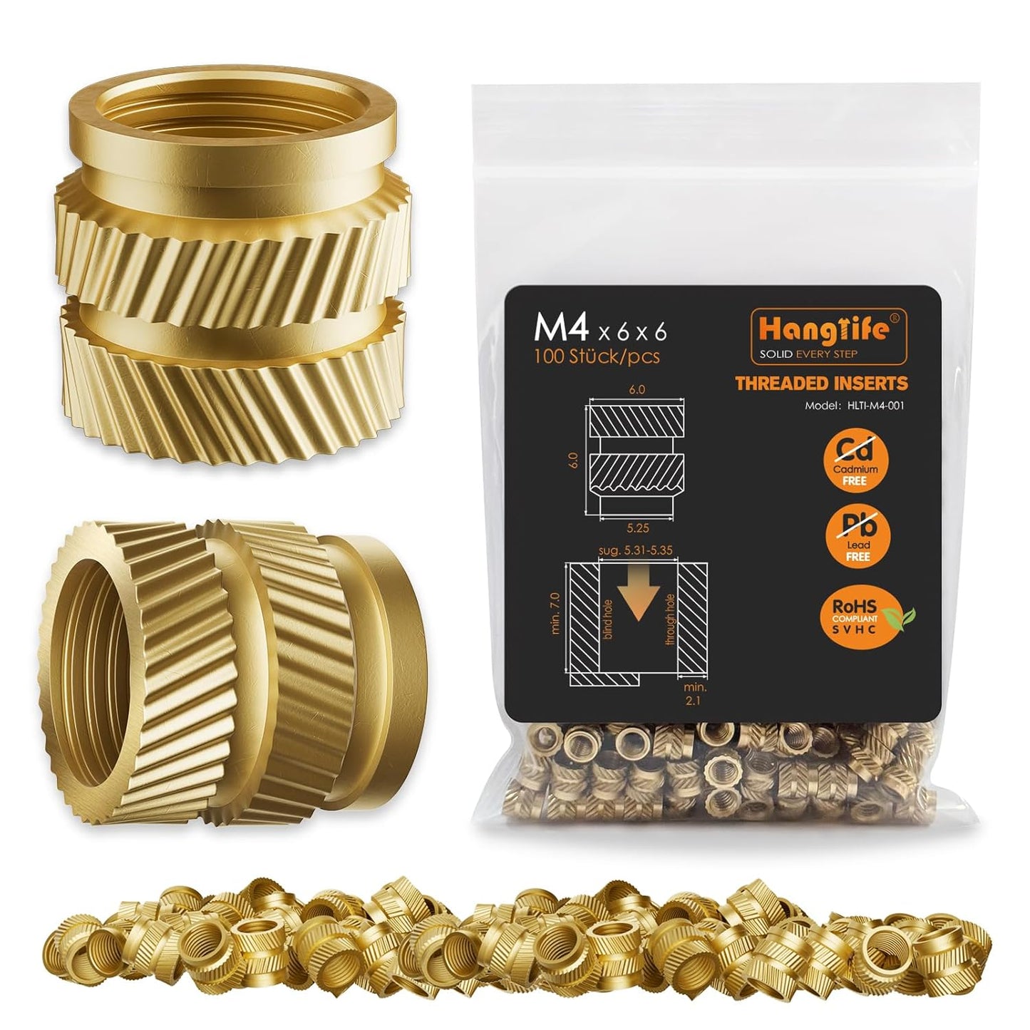 HANGLIFE Heat-Set Threaded Inserts, M3 Heat Set Insert for 3D Printing Components and Plastic Parts - Brass Metric Knurled Nuts (100 Pieces)
