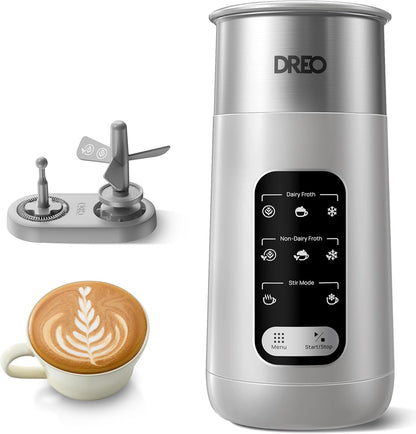 Dreo Milk Frother, 8-in-1 Electric Frother for Latte Art Coffee, 9oz/270ml Warm and Cold Foam Automatic Frothers for Dairy and Non-Dairy Milk, LED, Easy to Clean, BaristaMaker Air