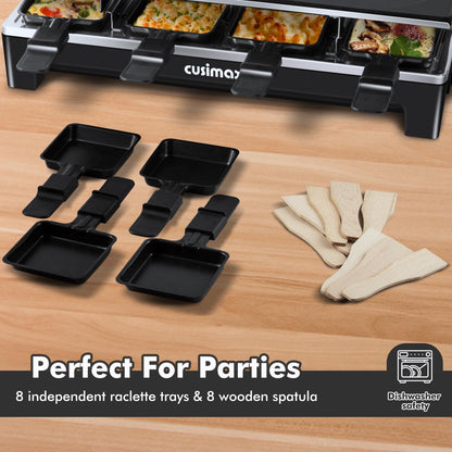 Raclette Table Grill, CUSIMAX Electric Indoor Grill, Portable Korean BBQ Grill with 2 in 1 Reversible Non-stick Plate& Natural Grill Stone, 1500W Electric Party Grill, 8 Raclette Pans& Wooden Spatulas