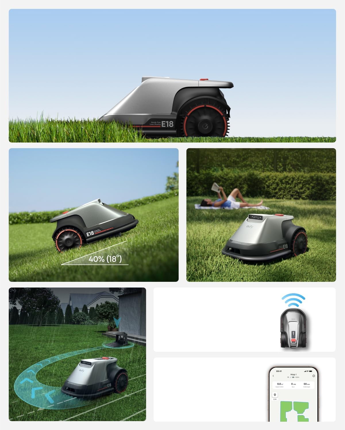 eufy E18 Robot Lawn Mower, Auto Mapping, Max 0.3 Acres, Vision Navigation Lawn Mower, Multi-Zone Management, Electric Robotic Lawnmower with AI Obstacle Avoidance, App Control, 18° Slope, 1-3" Cut Hei
