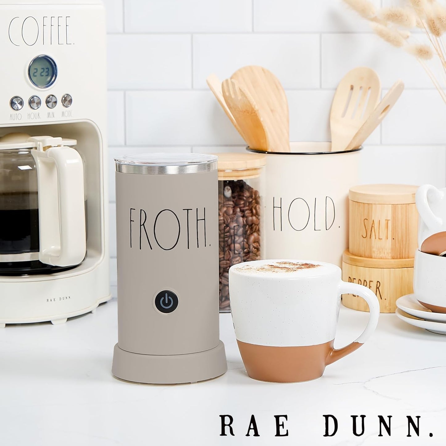 Rae Dunn - Electric Milk Frother - Elegant Automatic Milk Steamer and Frother, Milk Warmer, Hot and Cold Frothing Machine for Coffee, Latte, Cappuccino, Macchiato,