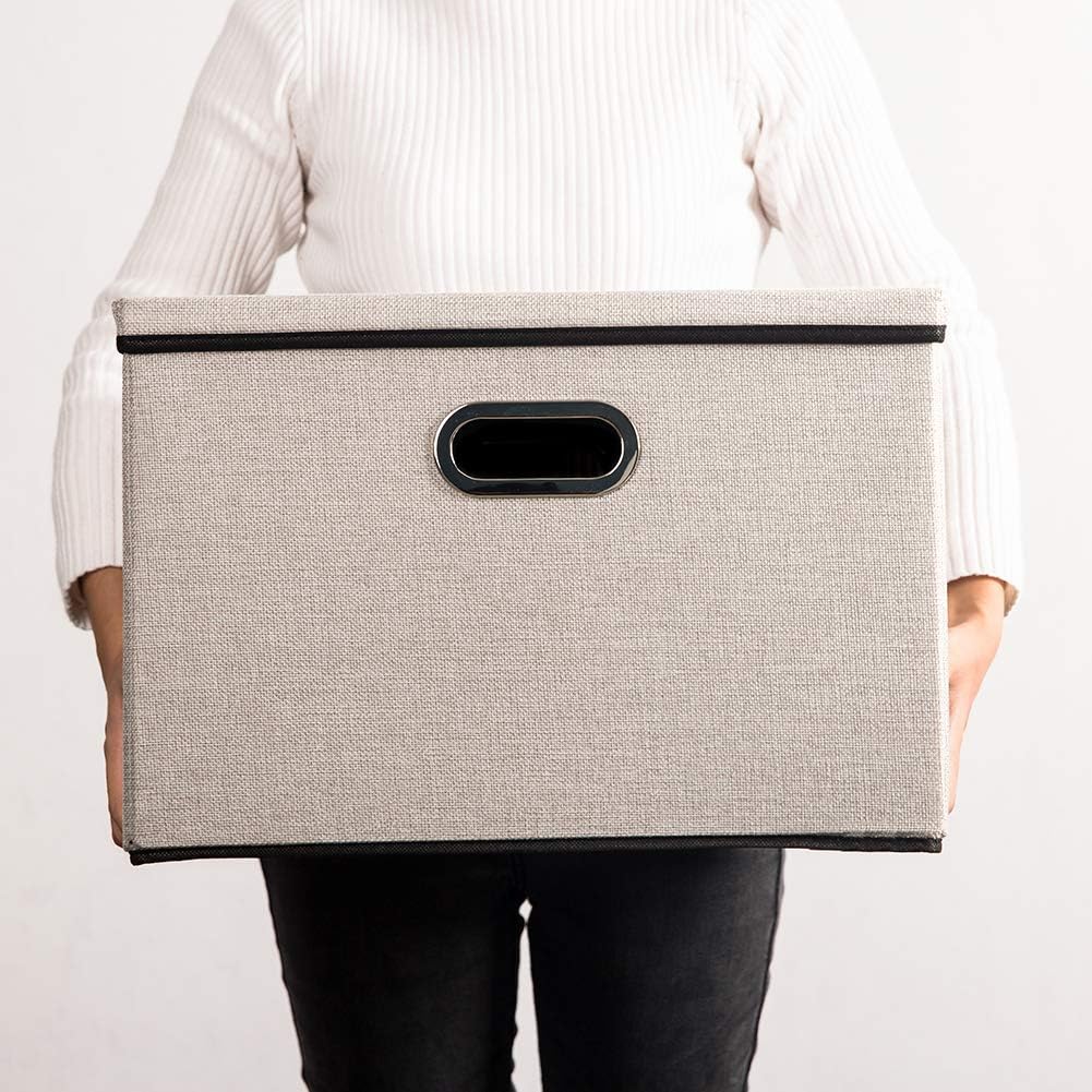 PRANDOM Large Foldable Storage Bin with Lid [1-Pack] Linen Fabric Decorative Storage Box Organizer Containers Basket Cube with Handles Divider for Bedroom Closet Office Living Room (17.7x11.8x11.8")