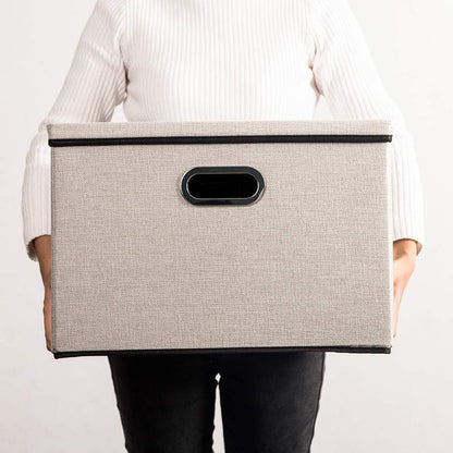 PRANDOM Large Foldable Storage Bin with Lid [1-Pack] Linen Fabric Decorative Storage Box Organizer Containers Basket Cube with Handles Divider for Bedroom Closet Office Living Room (17.7x11.8x11.8")