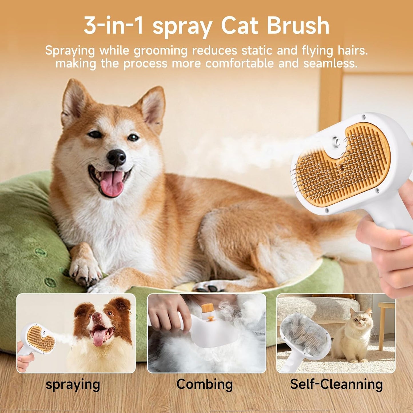 Cat Steam Brush for Dogs & Cats – 3-in-1 Pet Deshedding Tool for Long & Short Haired Pets, Grooming Shedding Brush-Contains shampoo