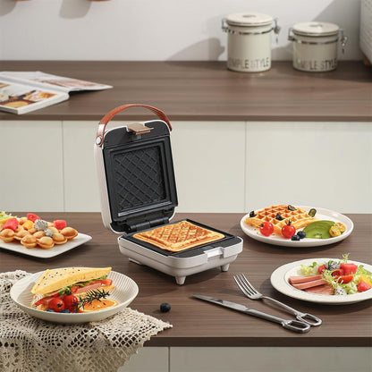 White 3 in 1 timing Sandwich Maker with Non-Stick Plates Indicator Lights and Lock Feature 600W Electric Panini Press, Pizza Pockets, Quesadillas, Waffle Breakfast Grilled Cheese Egg Bacon