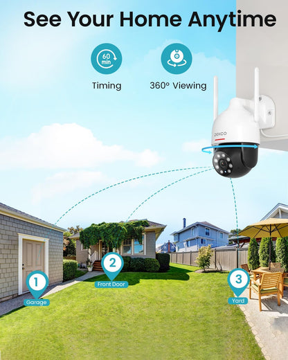 DEKCO 2K HD Outdoor Security Camera with 360 Degree Pan-Tilt Motion Tracking,Home Camera Surveillance Exterieur, WiFi Security Camera, Full Color Night Vision, Sound-Light Alarm, 2-Way Audio, Waterproof