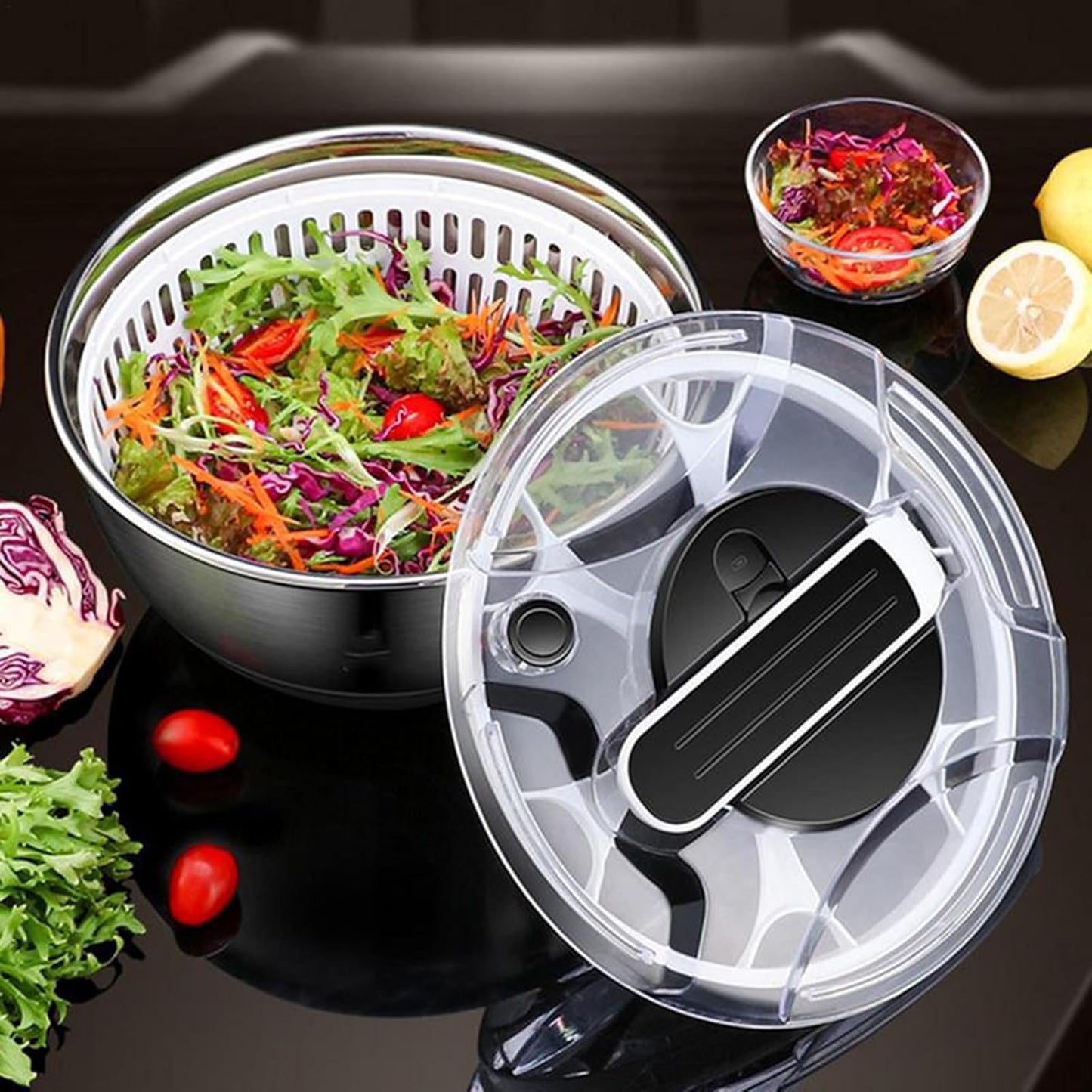 UGCER Salad Spinner, Stainless Steel Fruit and Vegetable Spinner, Manual Fruit Dehydrator Spin Dryer Dehydration Basket Spinner, Drain Basket